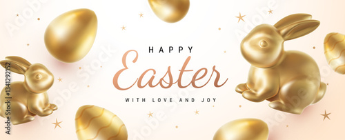 Vector cartoon style pattern design with golden egg and rabbit with word Happy Easter. 3d holiday illustration with realistic shine golden egg and bunny for holiday easter hunt greeting card