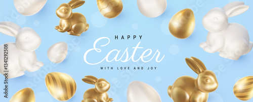 Vector cartoon style pattern design with golden egg and ceramic rabbit. 3d Happy Easter illustration with realistic shine golden egg and porcelain bunny for holiday easter hunt greeting card