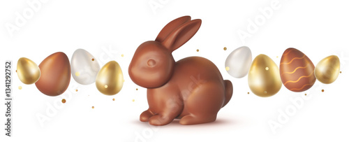 Vector illustration with realistic shine chocolate bunny and golden egg. 3d cartoon style pattern design of shiny golden egg and chocolate rabbit for holiday easter hunt greeting card