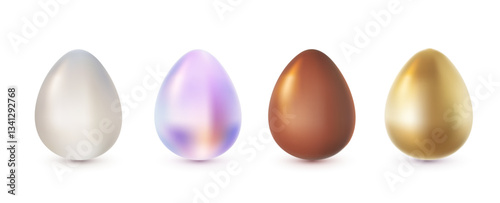 Vector set of illustration of golden, neon and chocolate egg isolated on white background. 3d cartoon style design of realistic shine different color egg for holiday easter hunt greeting card