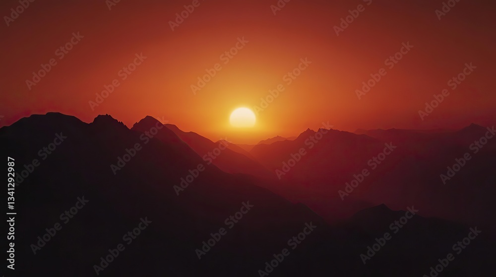 Obraz premium Majestic Mountain Sunset: Silhouette of the Sun atop Peaks, Red Sky with Clouds, Enhanced by Orange Tones and Backlighting, Captured with Telephoto Lens
