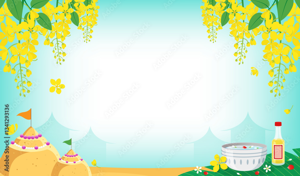 Songkran festival background vector design. Thai New Year Holidays. Golden Shower tree with sand pagoda and scented water
