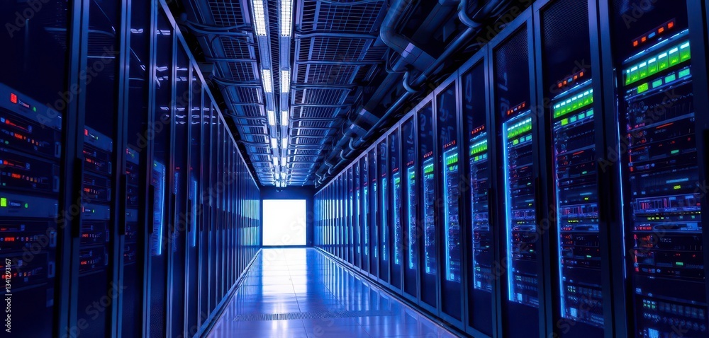 Fototapeta premium Rows of sleek server racks illuminate a modern data center, cloud, internet