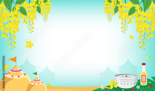 Songkran festival background vector design. Thai New Year Holidays. Golden Shower tree with sand pagoda and scented water