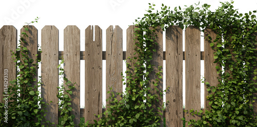 Old Wooden Fence Covered with Lush Green Vines Ideal for Backgrounds and Textures