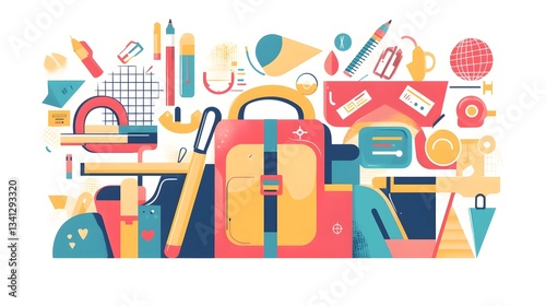 Vibrant back to school concept with a diverse array of school supplies  stationery  and a backpack in a colorful  modern design