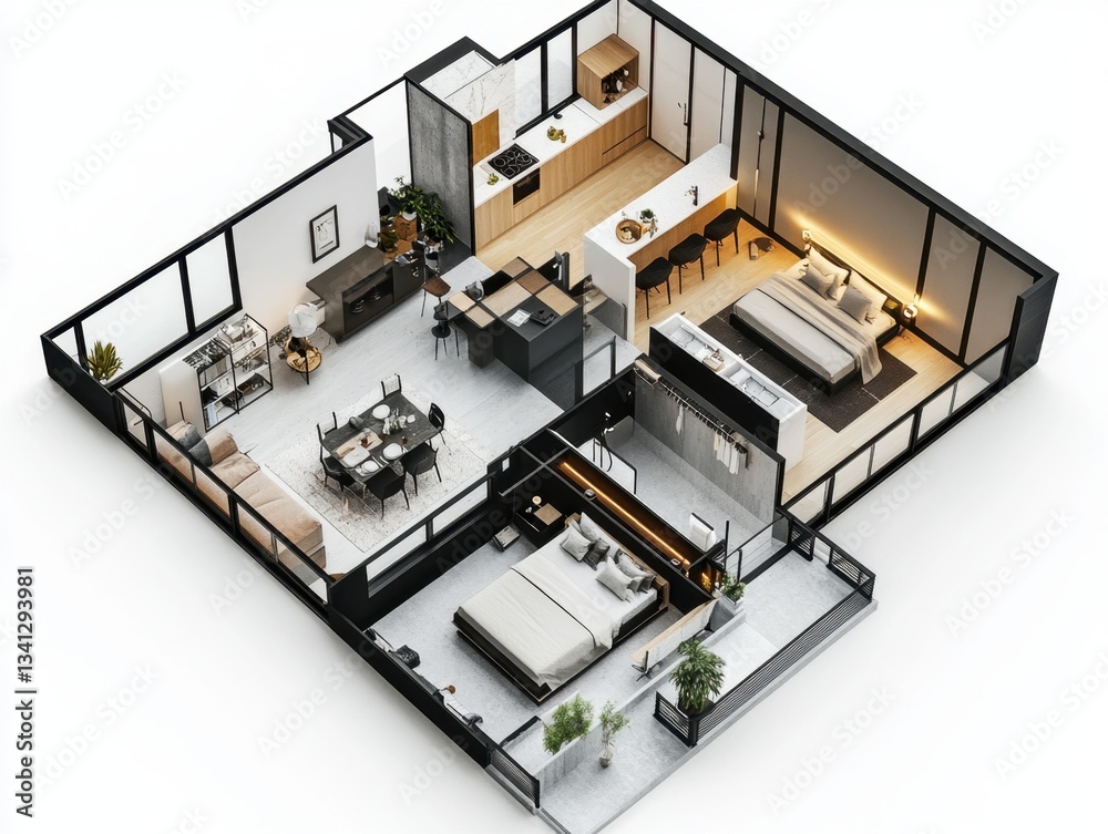 A floor plan of a two bedroom apartment. The living room is on the left side of the image A floor plan of a two bedroom apartment. The living room is on the left side of the image