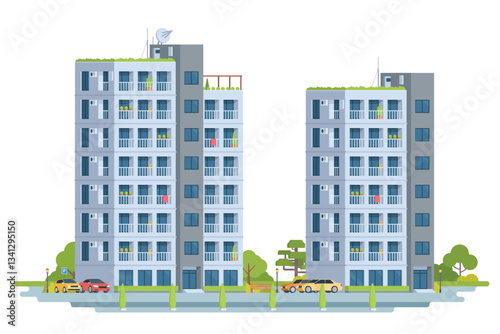 Apartment building vector illustration. Modern urban high-rise housing in flat design. Fully editable and isolated on white background