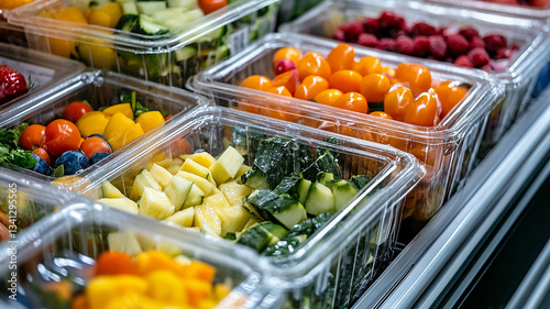 Plastic boxes with pre-packaged fruit and vegetable salads, put up for sale in a commercial refrigerator