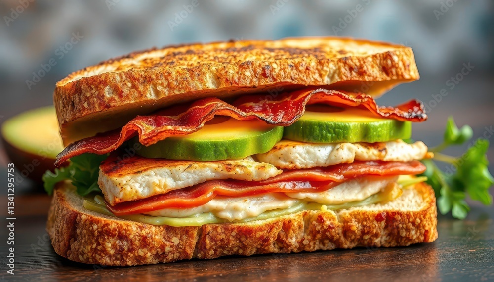 Grilled chicken, avocado, & bacon club sandwich on sourdough bread, ingredients,  delicious food