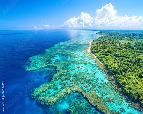 An aerial view of a protected coral reef zone, showcasing healthy ecosystems and thriving marine species, emphasizing the impact of conservation efforts