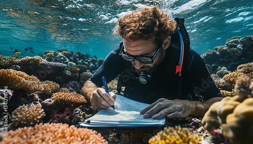 An underwater scene with a marine biologist studying coral species, surrounded by rich marine life, representing the importance of conservation efforts in the Great Barrier Reef