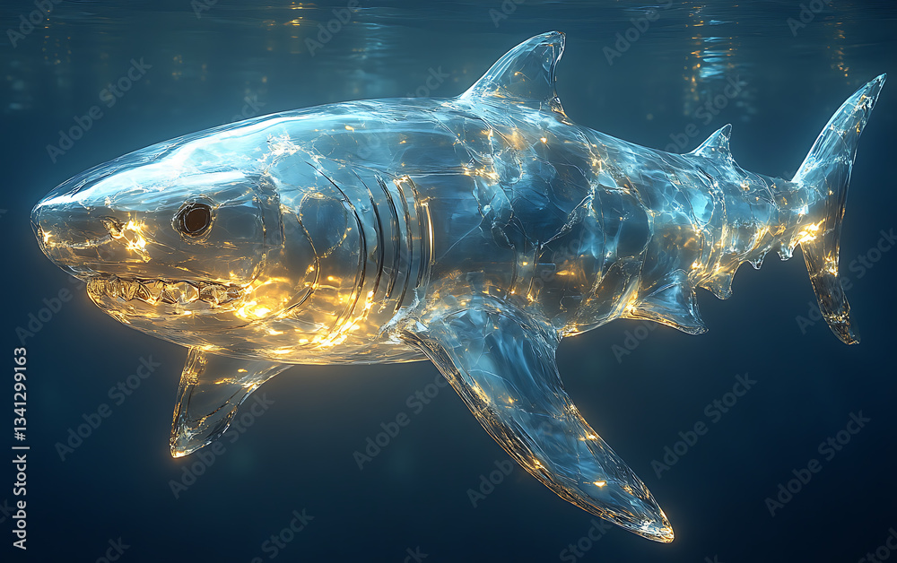 Fototapeta premium Low Poly Futuristic Glass Shark in Glowing Ocean 