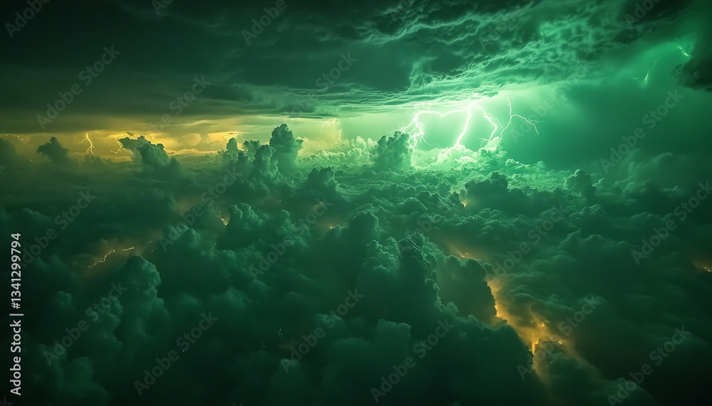 Fototapeta premium Green lightning striking the earth under a chaotic sky, with glowing clouds and atmospheric energy, evoking a sense of awe and wonder at this rare natural occurrence
