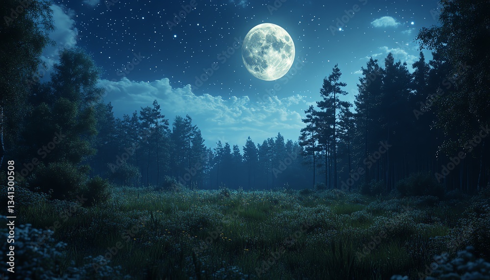 Naklejka premium A quiet forest clearing illuminated by the soft glow of a full moon, with stars twinkling above, symbolizing the vastness of the universe and deep peace