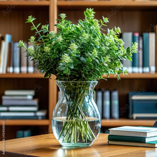 Glass vase with green plants against office shelves filled with books and documents. Generated AI