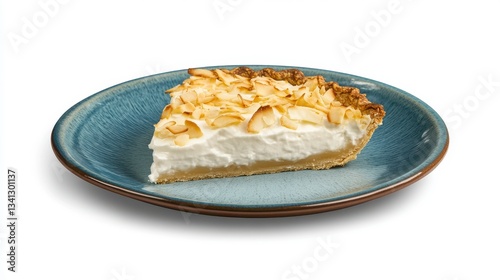 A Delectable Slice of Coconut Cream Pie on a Vibrant Blue Plate