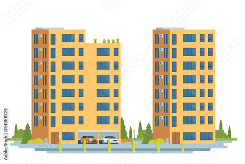Apartment building vector illustration. Modern urban high-rise housing in flat design. Fully editable and isolated on white background