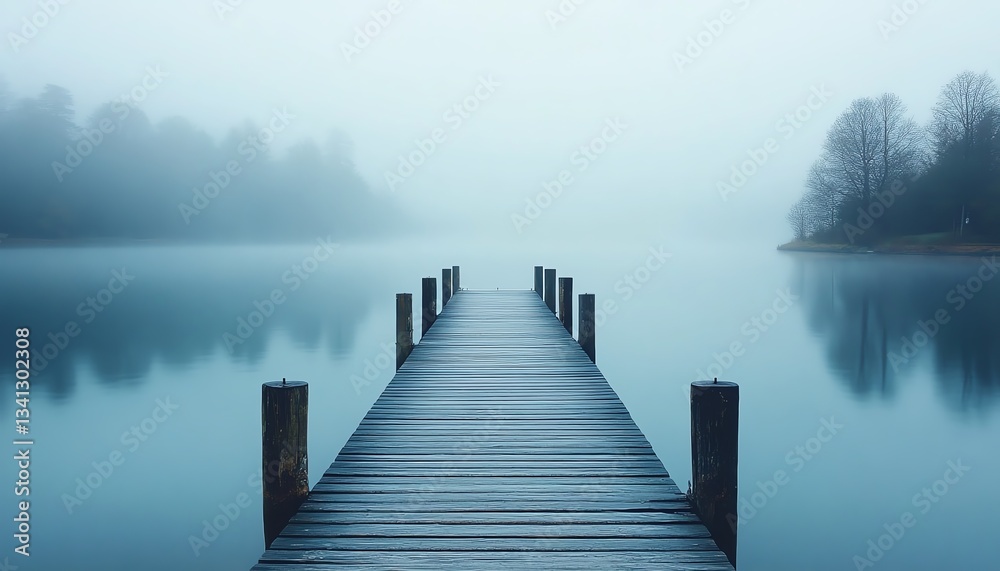 Fototapeta premium A wooden dock extending into a mistcovered lake, early morning fog lifting, soft and dreamy lighting, calm and tranquil nature landscape, breathtaking clarity, Midjourney v6