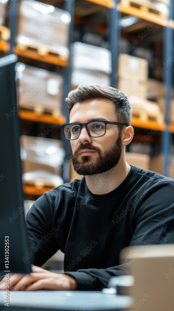 Fototapeta premium Young Man Working on Computer in Warehouse Environment