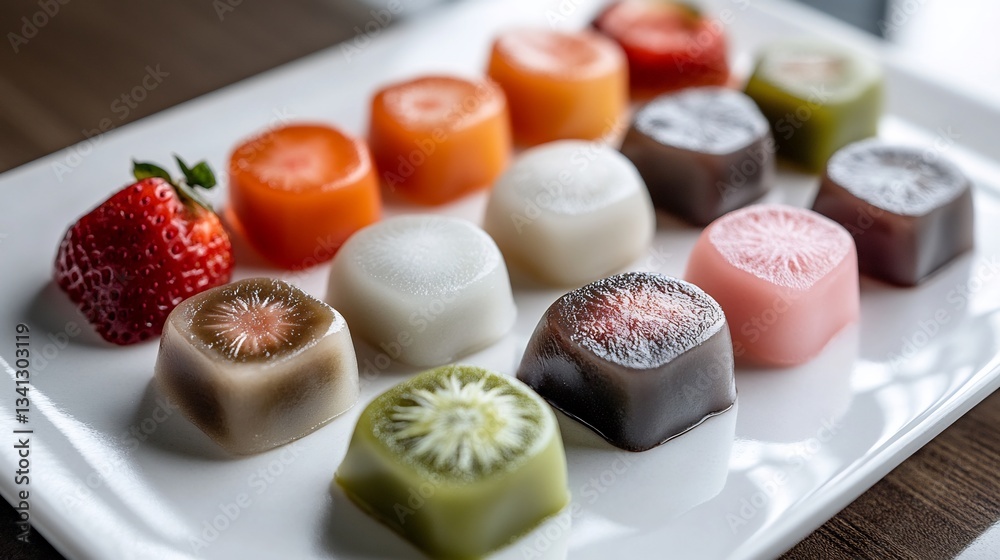 Japanese mochi dessert platter featuring assorted flavors like matcha strawberry red bean displayed on a sleek white plate Japanese mochi dessert platter featuring assorted flavors like matcha strawberry red bean displayed on a sleek white plate