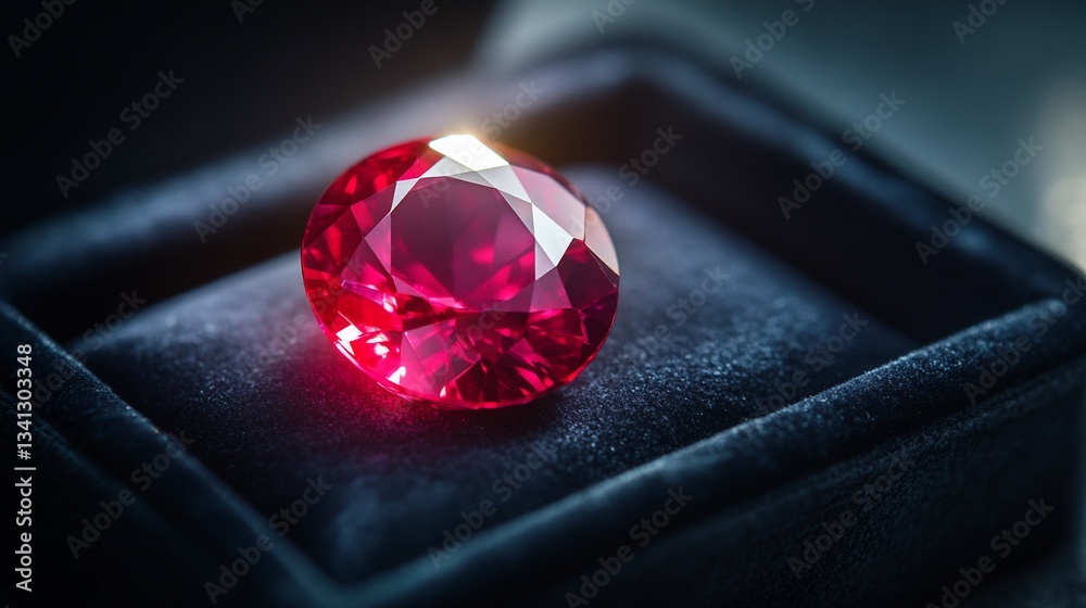 A dazzling ruby gemstone in a luxurious velvet box, radiating brilliance