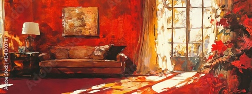 Warm living space bathed in rich earthy hues features deep reds and oranges with natural sunlight streaming through a window