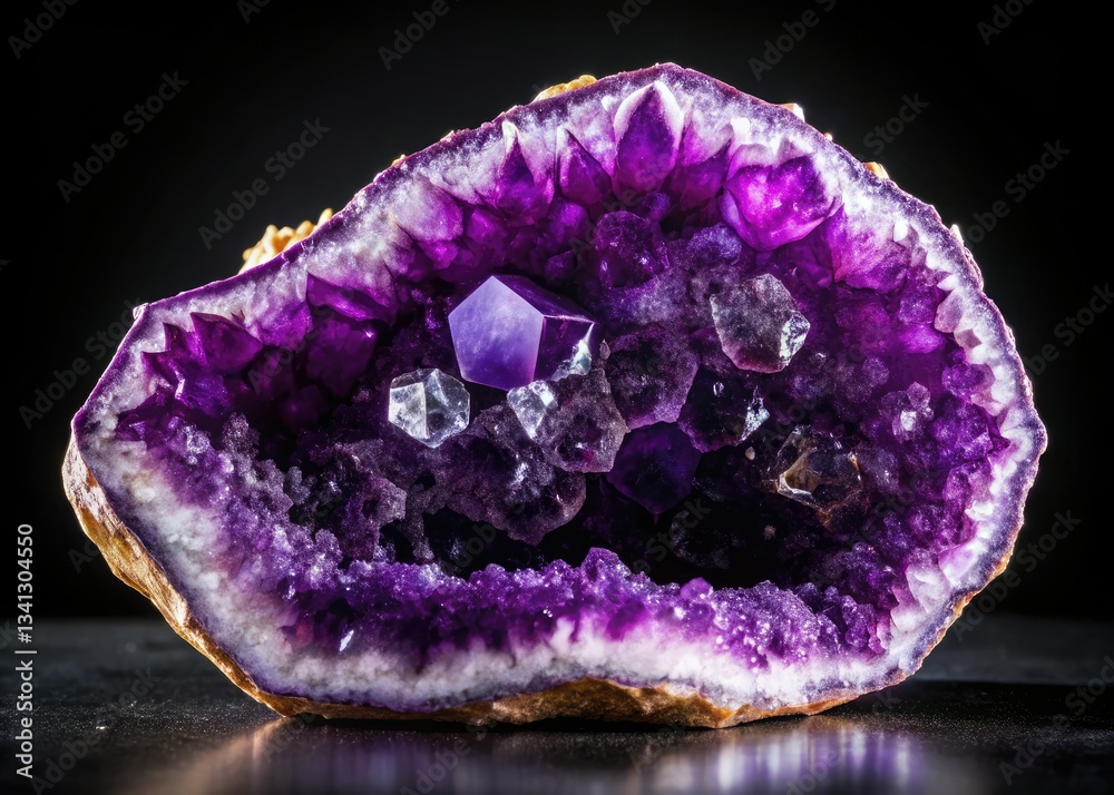 Deep purple amethyst geode cluster explodes against a dark backdrop, showcasing its natural beauty. Deep purple amethyst geode cluster explodes against a dark backdrop, showcasing its natural beauty.