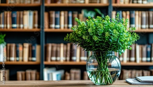 Glass vase with green plants against office shelves filled with books and documents. Generated AI
