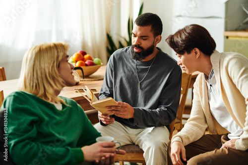 Engaging discussions among friends at a cozy reading club meeting at home