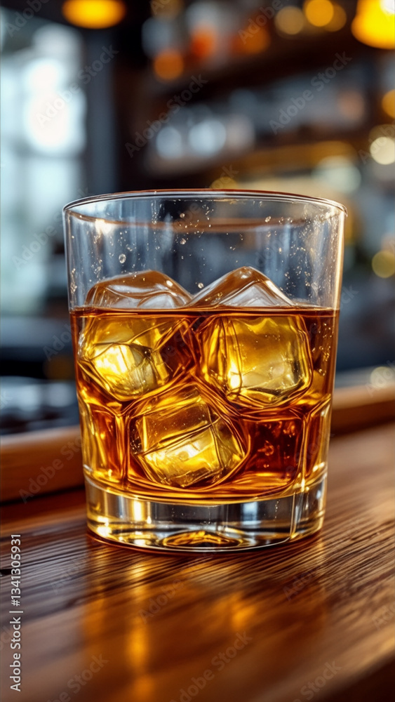 Crystal Glass of Whiskey with Melting Ice Cubes Crystal Glass of Whiskey with Melting Ice Cubes