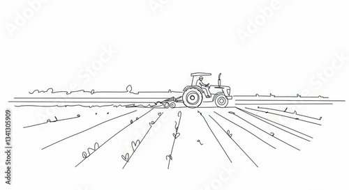 Line art of tractor on farm field with farmer preparing soil