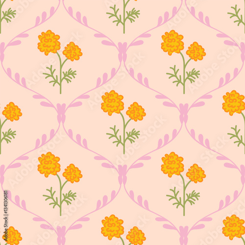 Vector coquette preppy marigold flowers trellis seamless grandmillennial pattern