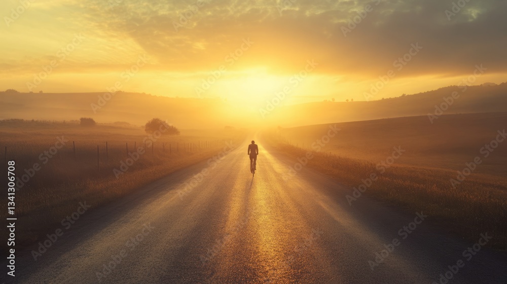 Silhouette of cyclist biking towards sunset on a rural road. Silhouette of cyclist biking towards sunset on a rural road.