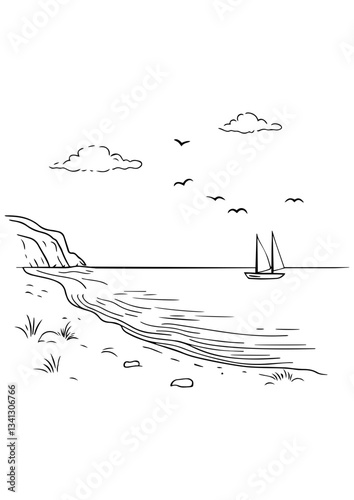 Sea landscape vector illustration, black and white line art, gift ideas, engrave laser, tattoo idea, logo design, vector sketch, printable, ocean view design, coast, beach, waves