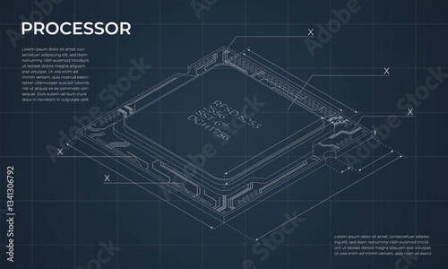 Isometric processor blueprint. Central processing unit or CPU. Computer hardware components. Semiconductor technology concept. Vector illustration