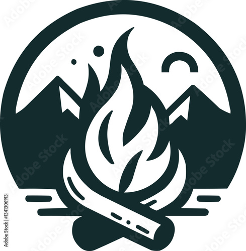 Mountain Fire Adventure Logo Black and White Vector Design