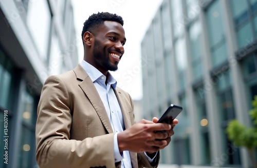 Pondering african american businessman looking away and smiling while holding smartphone in hand, urban office buildings background, place for text