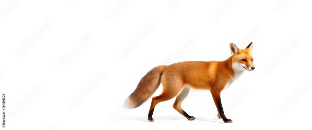 Fototapeta premium A determined red fox mid-stride, bushy tail aloft, sharp ears pointed, against a pure white backdrop, bushy tail, wild