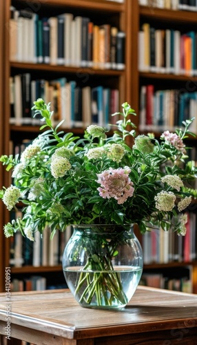Glass vase with green plants against office shelves filled with books and documents. Generated AI