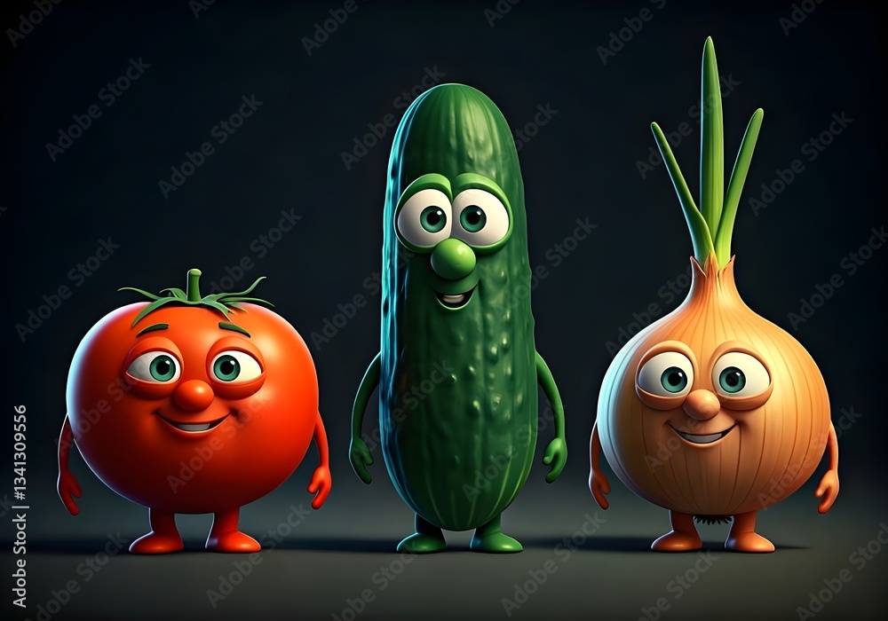 Fototapeta premium A group of three funny various vegetables: tomato :: cucumber :: onion. Created with Generative AI technology