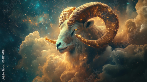 Aries zodiac head in heaven, surrounded by clouds 