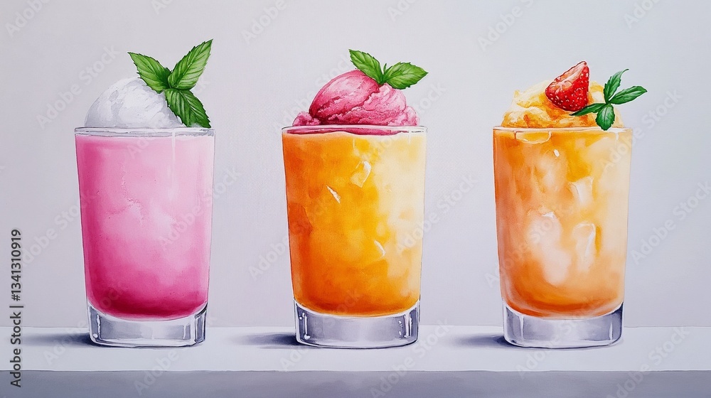Vibrant Summer Drink Glasses with Ice Cream, Refreshing, Representing Fruity Beverages and Sweet Toppings, Clean White Background Vibrant Summer Drink Glasses with Ice Cream, Refreshing, Representing Fruity Beverages and Sweet Toppings, Clean White Background