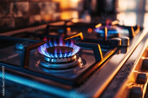 Close-up of a gas stove with a blue flame on a kitchen countertop