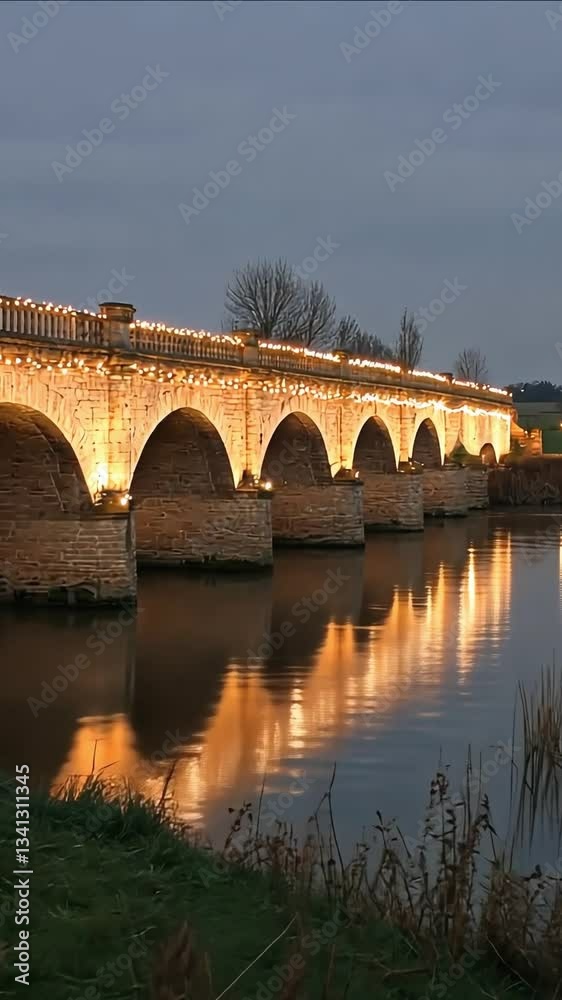 Illuminated stone bridge reflects in water at dusk. Arch bridge with string lights over river. Illuminated stone bridge reflects in water at dusk. Arch bridge with string lights over river.