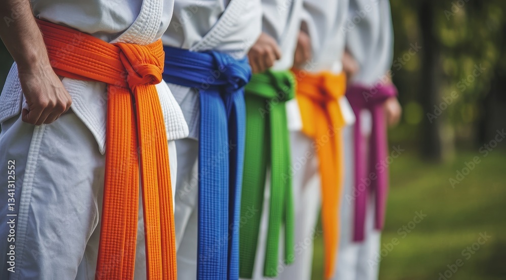 Fototapeta premium Martial artists with colorful belts stand in a line outdoors.