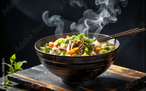 Steaming bowl of flavorful Asian cuisine served with chopsticks, on a dark wooden board. Hot and delicious meal.