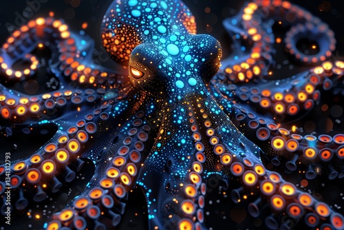 Colorful octopus surrounded by a psychedelic ocean scene featuring unusual marine life artwork