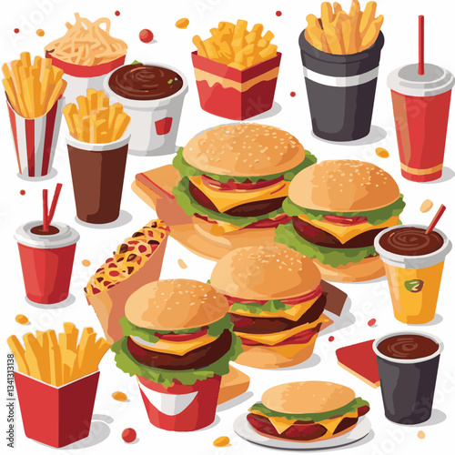 fastfood, fast, snack, food, meal, delicious, background, lunch, dinner, fat, american, burger, unhealthy, restaurant, meat, isolated, junk, menu, cheeseburger, tasty, set, hamburger, sandwich, cuisin