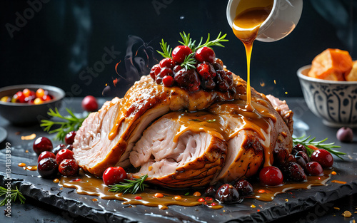 Roasted meat is topped with cranberries and rosemary, glistening with gravy being poured over it. Festive culinary dish ready to serve.